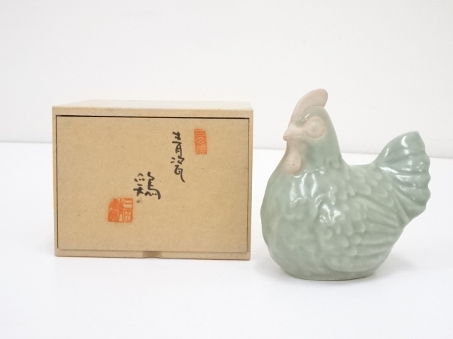 JAPANESE PORCELAIN SANDA WARE CELADON ROOSTER FIGURINE IN BOX 